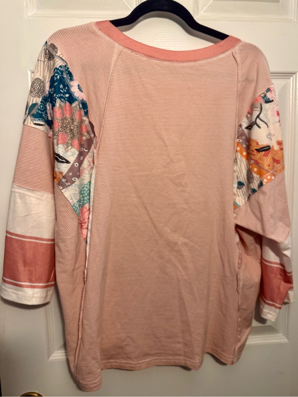 Light Pink Raglan 3/4 Sleeve Patchwork Boho Top Size Small - Picture 2 of 16